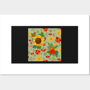 Autumn pattern with sunflowers and berries on light green Posters and Art